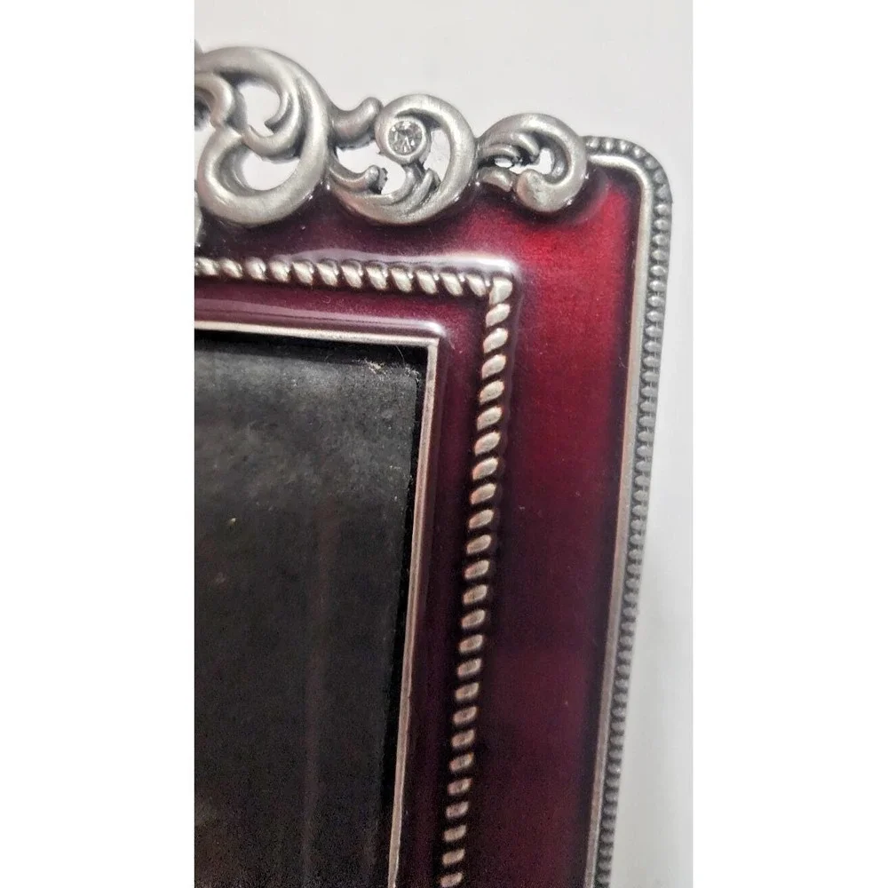 Vintage Ornate Burgundy Enamel Silver Tone Filigree Rhinestone 4x6 Picture Frame